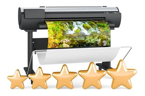 Plotter, large format inkjet printer with five golden stars, 3D rendering Stock Illustration