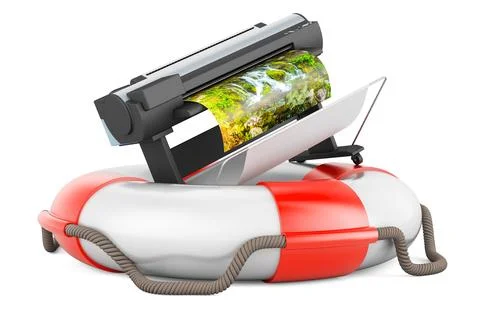 Plotter, large format inkjet printer inside lifebelt, 3D rendering Stock Illustration