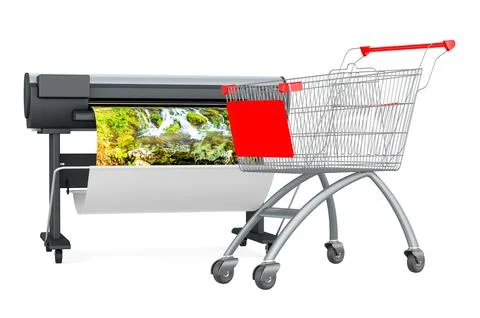 Plotter, large format inkjet printer with shopping cart, 3D rendering Stock Illustration