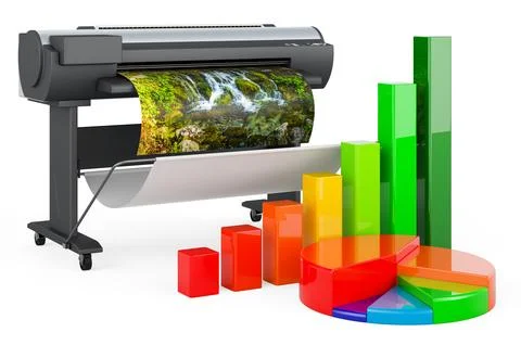 Plotter, large format inkjet printer with growth bar graph and pie chart. 3.. Stockillustratie