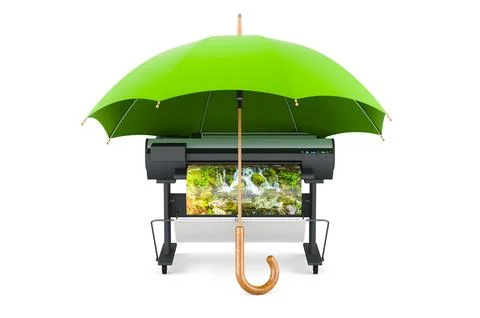 Plotter, large format inkjet printer under umbrella, 3D rendering Ilustración de archivo