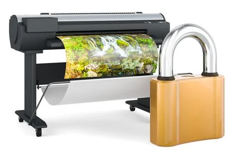 Plotter, large format inkjet printer with padlock, 3D rendering Illustrazione stock