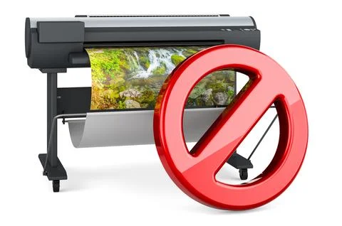 Plotter, large format inkjet printer with forbidden symbol, 3D rendering Illustrazione stock