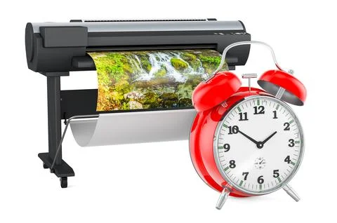 Plotter, large format inkjet printer with alarm clock, 3D rendering Stock Illustration