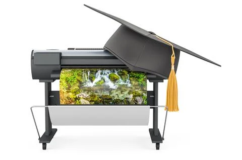 Plotter, large format inkjet printer with education hat. 3D rendering Illustrazione stock