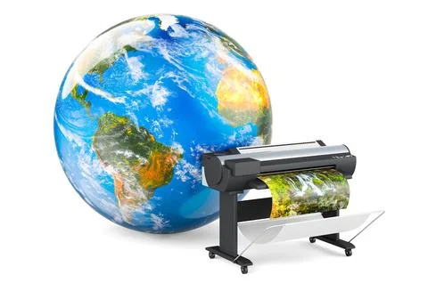 Plotter, large format inkjet printer with Earth Globe, 3D rendering Stock Illustration
