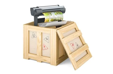 Plotter, large format inkjet printer inside wooden box, delivery concept. 3.. Ilustración de archivo
