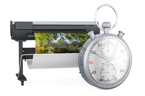 Plotter, large format inkjet printer with stopwatch, 3D rendering Ilustración de archivo