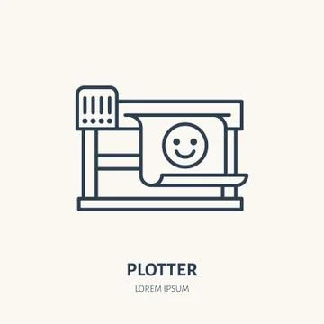 Plotter printer with printed paper flat line icon. Large,format printing device Stock Illustration