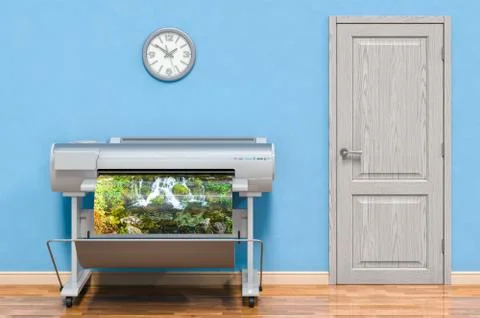 Plotter in room near wall, 3D rendering Ilustración de archivo