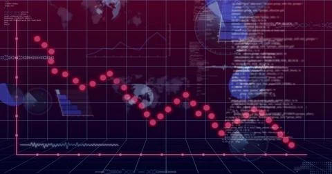 Plotting falling pink or red circle-marked trend line on 3D grid, with world 스톡 일러스트