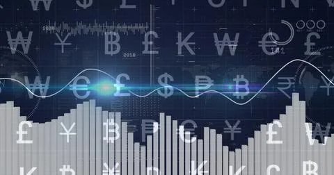 Plotting financial data on tech dashboard showing glowing line graph and bars Stock Illustration