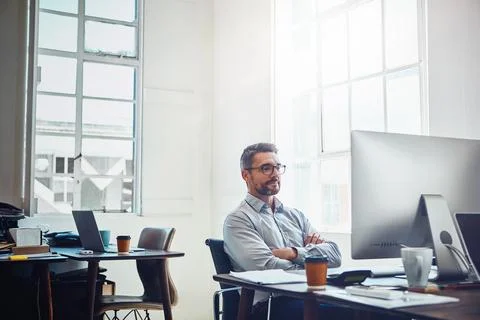 Plotting his next big move. a mature businessman working on a computer in an Fotos de archivo