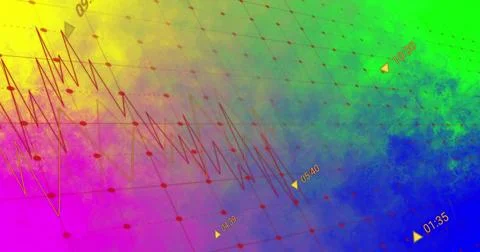 Plotting jagged reddish polyline traversing tilted grid visual, with red nodes Foto stock