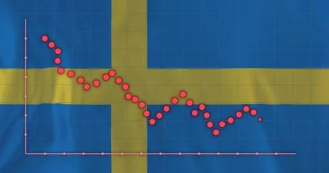 Plotting red circular markers sloping then oscillating over Swedish flag, with Stock Illustration