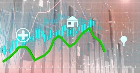 Plotting thick green trend line across trading UI, with cyan bars, medical Stock Illustration