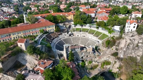Plovdiv aerial drone view highlighting Ancient Roman Theatre Stock Footage 318527165