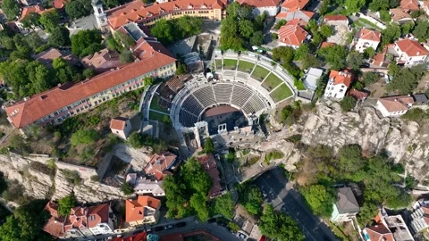 Plovdiv aerial drone view highlighting Ancient Roman Theatre Stock Footage 320896114
