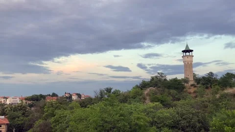 Plovdiv Clock Tower at Blue Hour: Scenic Cityscape View at Sunset, Bulgaria Stock Footage 300796891