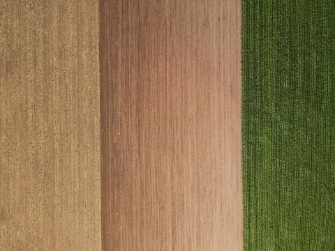 Plowed dirt fields with green corn field from above Stock Photos