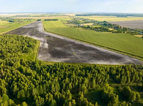 Plowed farm plot between planted field and forest at sunlight Stock Photos