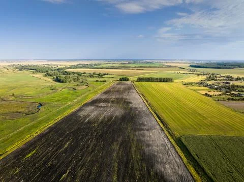 Plowed farm plot between planted field and forest at sunlight Stock Photos
