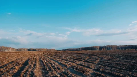 Plowed field in spring in clear sunny weather Stock Footage 128340217