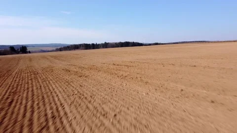 Plowed fields next to the forest and wind turbines Stock Footage 172378635