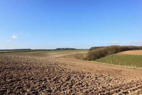 Plowed hillsides and patchwork fields in the English landscape in February Stock Photos
