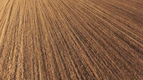 Plowed soil field with fine furrows running across cultivated farmland under Видео 344538466