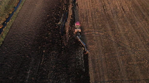 Plowing field on Tractor, drone view. Cultivated land and soil tillage. Stock Footage 169225632