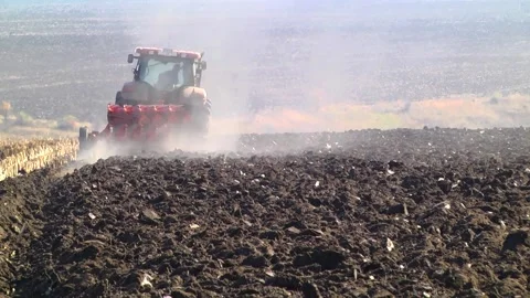 Plowing in the field by a tractor with a trailed unit Stock Footage 145943634