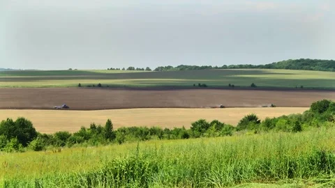 Plowing in the field by a tractor with a trailed unit Stock Footage 145943658