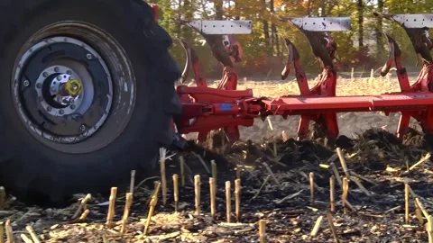 Plowing in the field by a tractor with a trailed unit Stock Footage 145943684