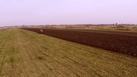 Plowing of paprika field on cloudy fall day. Aerial footage. Stock Footage 84178549