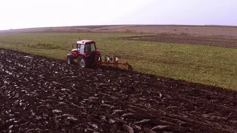 Plowing of paprika field on cloudy fall day. Aerial footage. Stock Footage 84185281