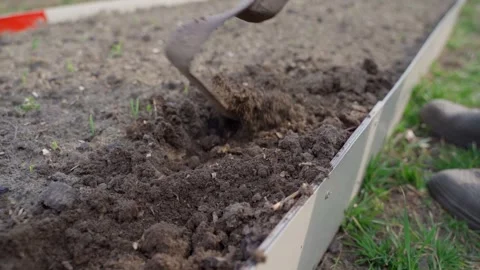 Plowing the soil of a vegetable garden with a flat cutter, close-up in slow Stock Footage 307813588
