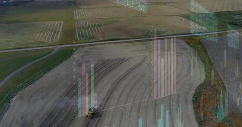 Plowing yellow tractor navigating furrows and dirt road over farm field with Ilustração Stock