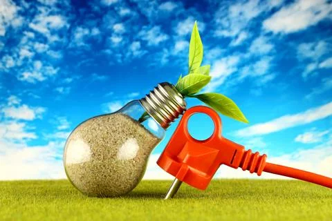 Plug and plant growing inside the light bulb with field and blue sky backgr.. Stockfoto's