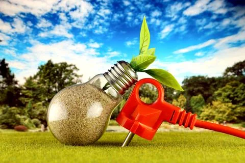 Plug and plant growing inside the light bulb with field and blue sky backgr.. Stockfoto's