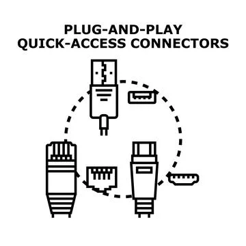 Plug and play quick access connectors illustrating different device interface Illustrazione stock