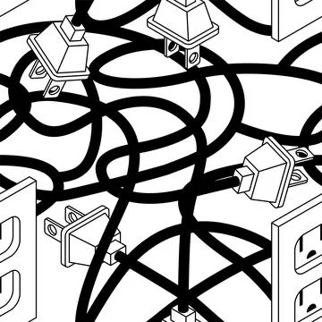 Plug and socket pattern seamless. Tangled wires background.  Electrical app.. Illustrazione stock