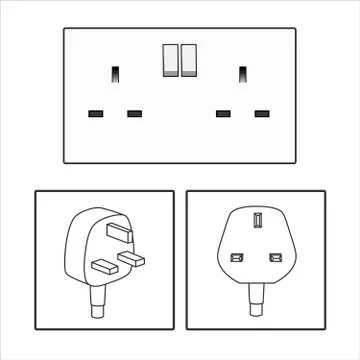 Plug and UK socket. Three 3 pin plug icon set. British socket. Electric power イラスト素材