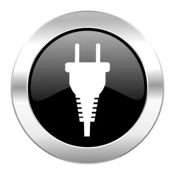 Plug black circle glossy chrome icon isolated. Stock Illustration