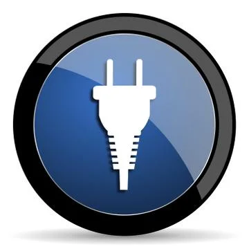 Plug blue circle glossy web icon on white background, round button for intern Illustrazione stock