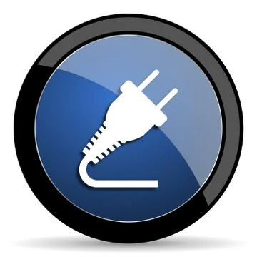 Plug blue circle glossy web icon on white background, round button for intern Illustrazione stock