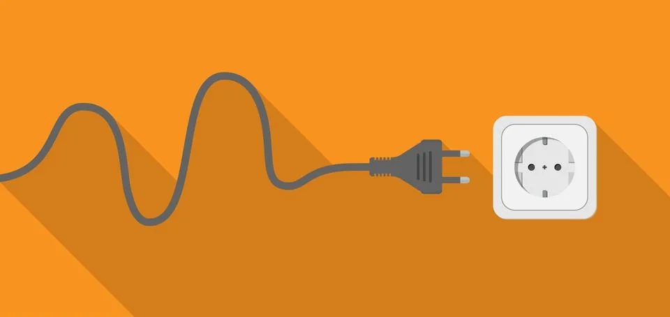Plug with cable and socket on orange wall イラスト素材