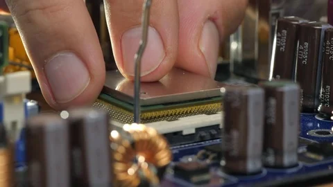 Plug in CPU microprocessor. Sliding shot Video stock 71581900