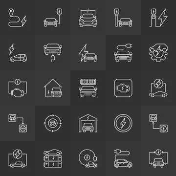 Plug-in electric automobile simple vector outline icons Stock Illustration