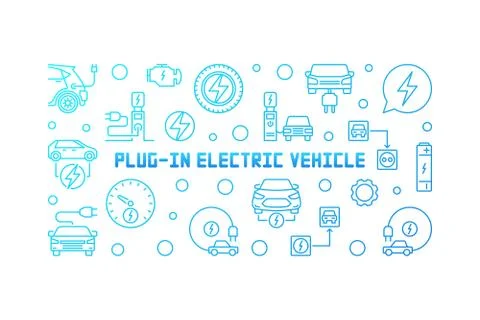 Plug-in electric vehicle vector outline blue illustration Stock Illustration
